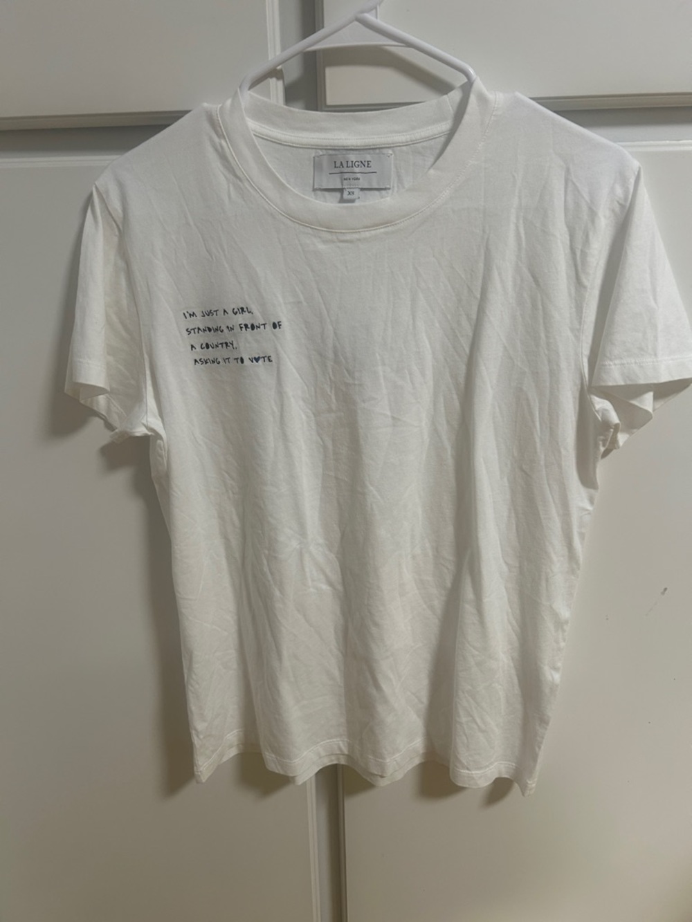 La Ligne White Crewneck Tee with Small Black Embroidery